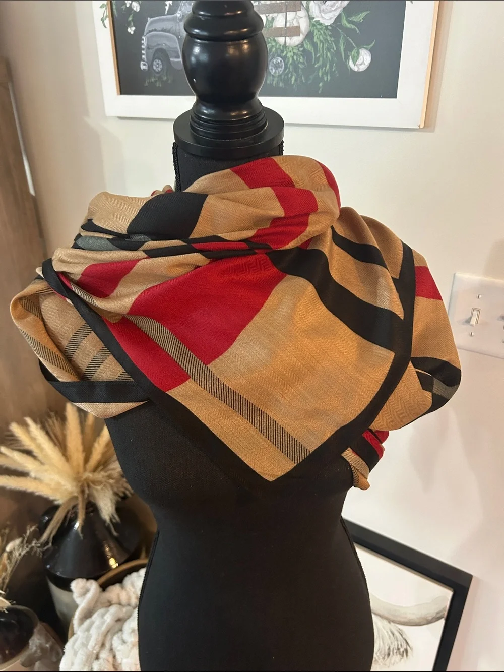 Classic Plaid Wrap Shawl - Tan & Red